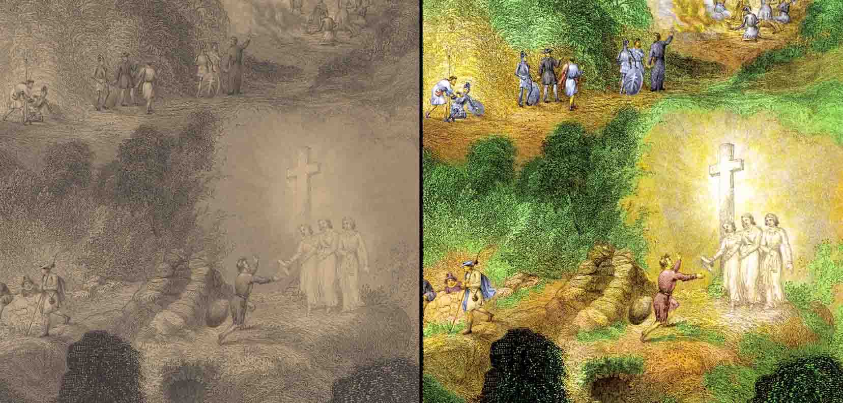 efore and after colourisation of scenes from engraving "Bunyan's Pilgrim"