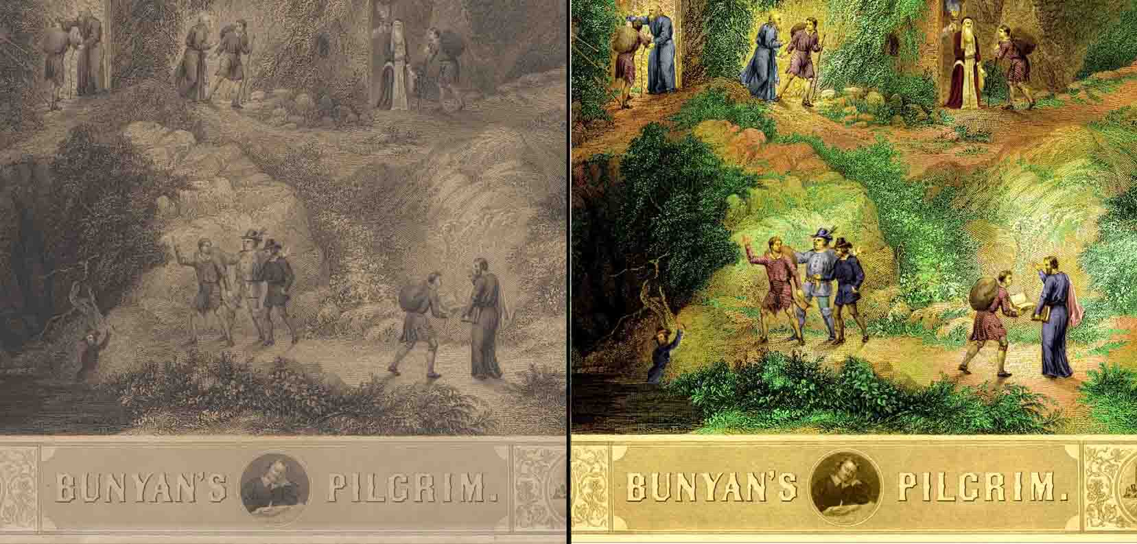 Before and after colourisation of scenes from engraving "Bunyan's Pilgrim"